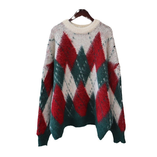 Retro contrasting diamond grid Christmas sweater with loose and lazy style soft and sticky knitted top for women